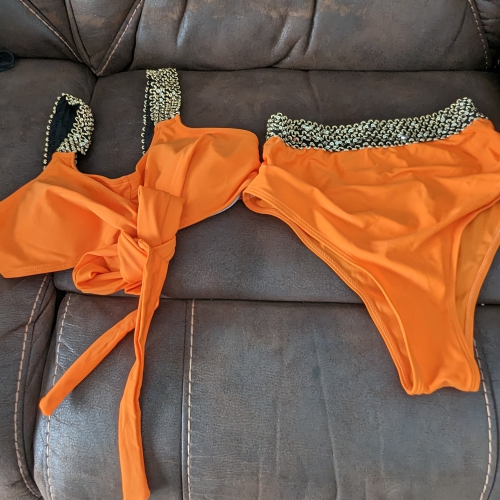 Bright orange bikini with black banding
